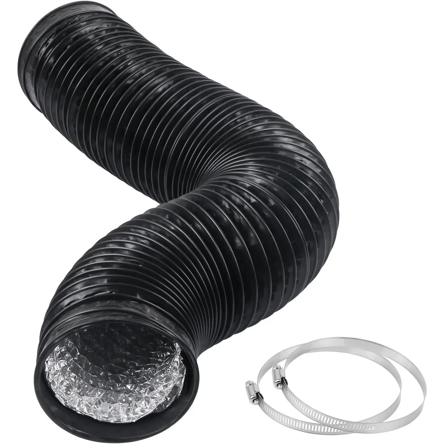 4 Inch 5  Black Air Ducting, Flexible 1.5m Length  Dryer Vent Hose for HVAC Ventilation with 2  Clamps