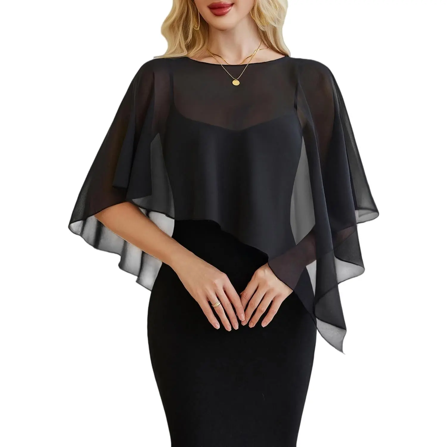 Women's Chiffon Capelet Batwing Sleeves Elegant Evening Wedding Shawl Wrap Sheer Mesh Asymmetric Hem Formal Cover Up