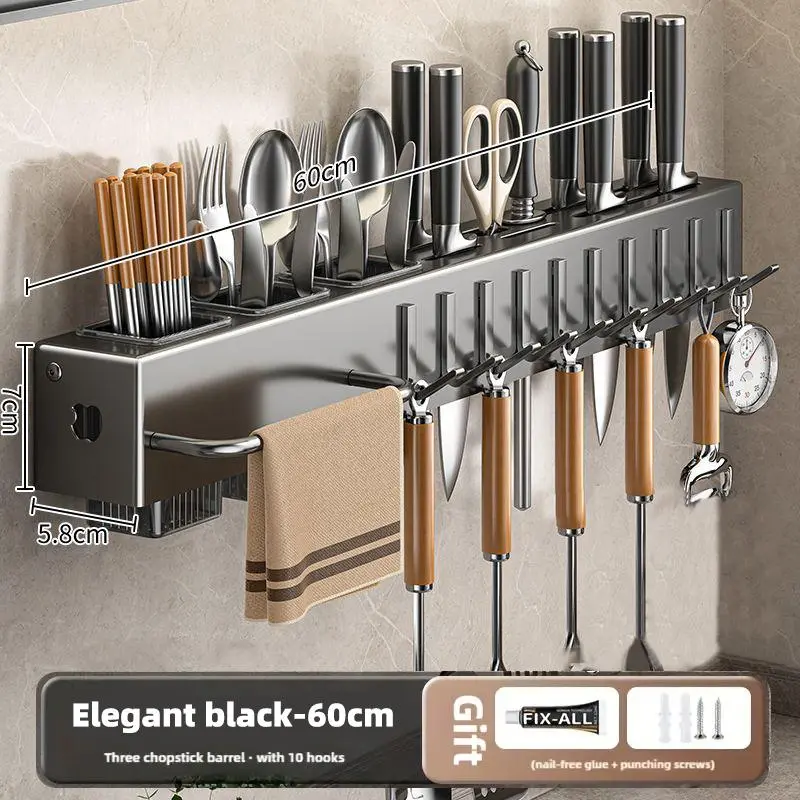 Wall-Mounted Kitchen Storage Rack Shelf, 60cm No-Drill Space-Saving Organiser with Drying Holes, Knife Slots, Chopstick Holder, Hooks, Towel Bar
