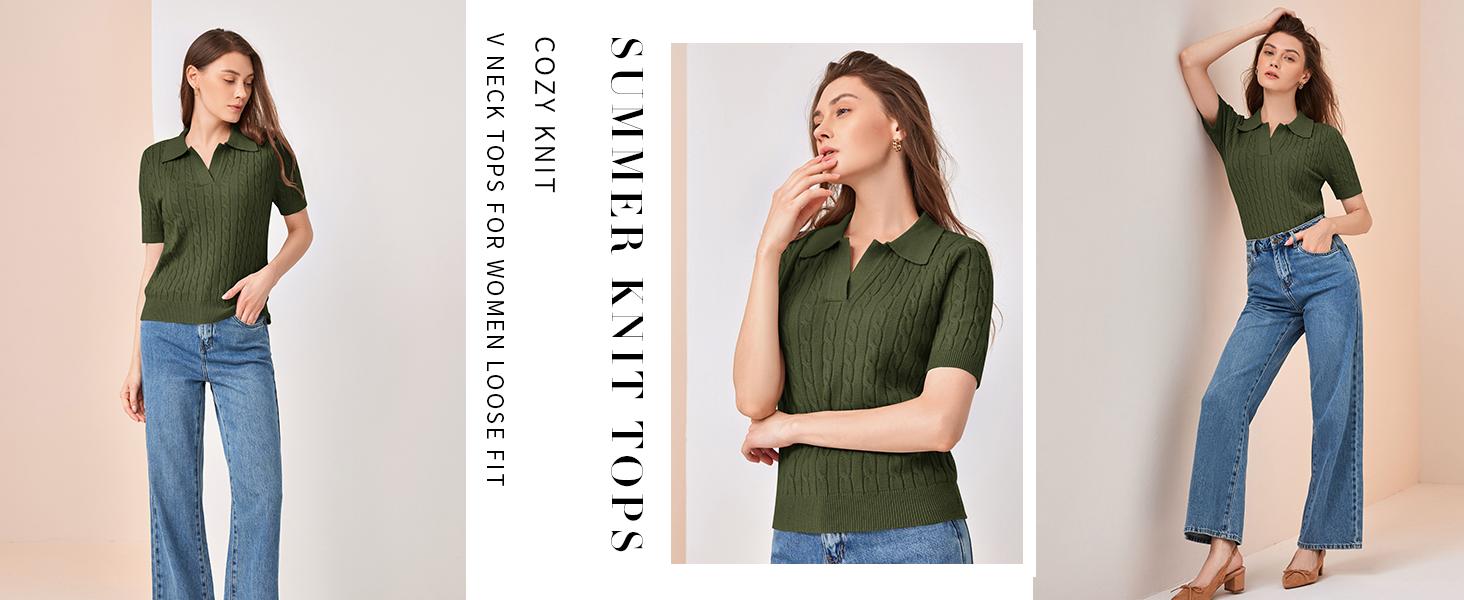 Saodimallsu Women's Cable Short Sleeve Sweaters Tops Solid Lapel V Neck Knit Casual Soft Pullover Shirt