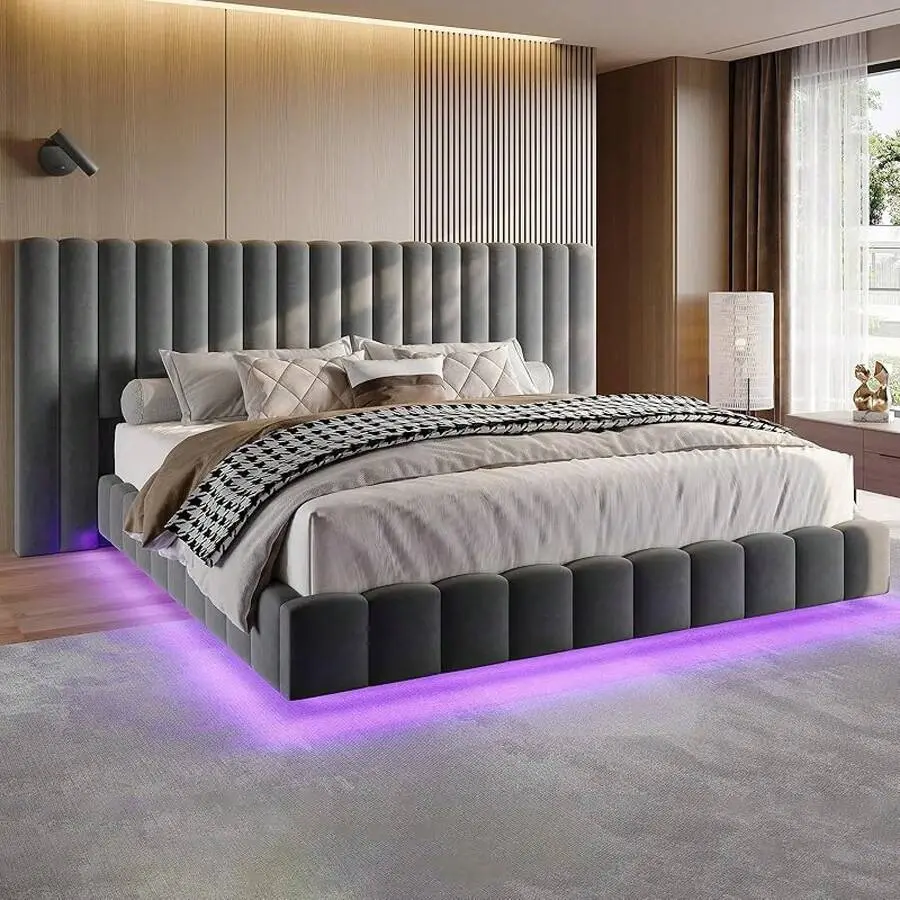 Velvet Upholstered Contemporary Bedframe - Queen/King Sizes, Color Changing LED Lights, 85-in Oversized Headboard, Stable Bedroom Furniture, No Box Spring Needed, Assembly Required, Headboard Footboard Included, Durable Build