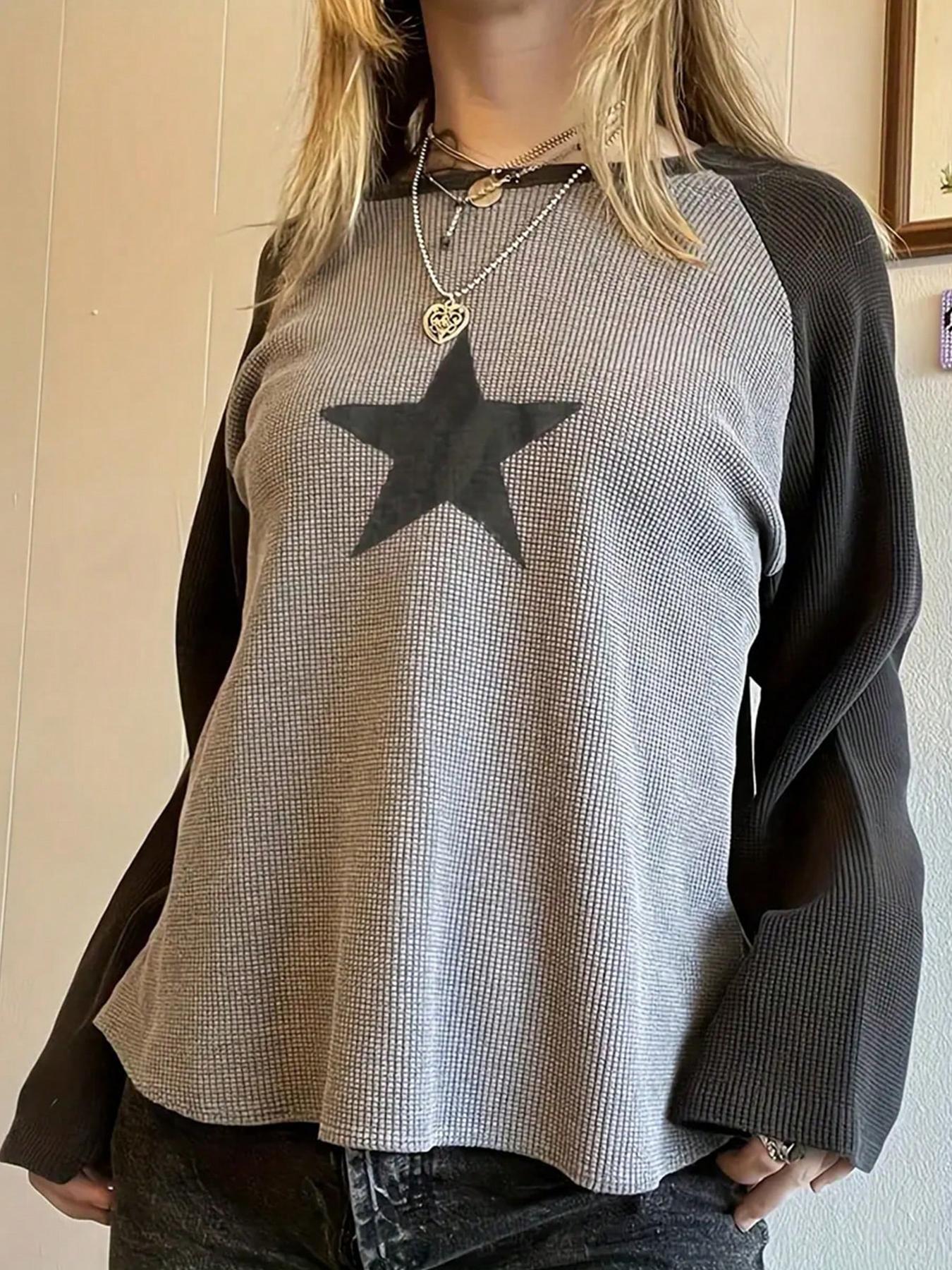 Women's Colorblock Star Print Raglan Sleeve Tee, Casual Comfy Tee, Casual Long Sleeve Round Neck T-shirt for Spring & Fall, Women's Top for Daily Wear Chic Top