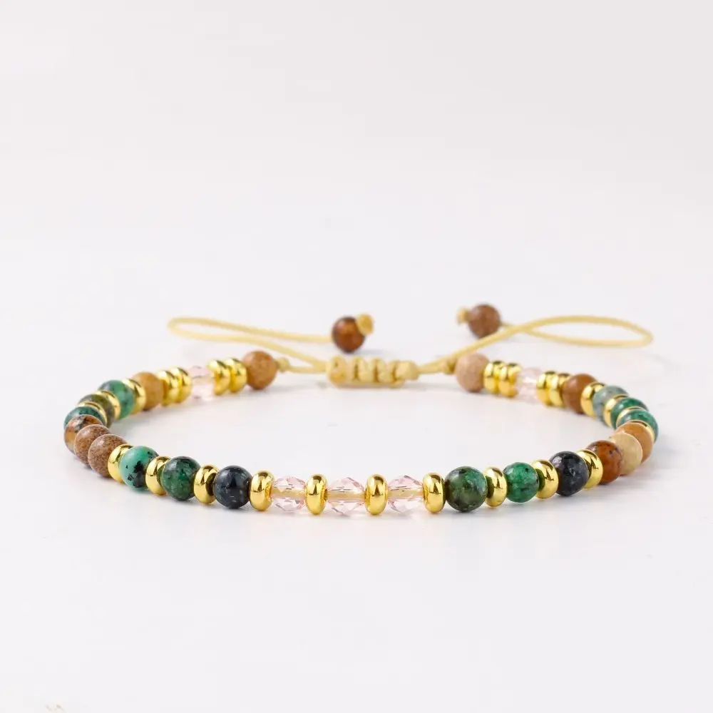 Handmade Bohemian Bracelet for Women, Woven Natural Stone Jewelry with Healing Charm, Adjustable String Tie with Round Beads, Daily Wear, Bohemian Look, Unique Matchings, Handwoven Rope