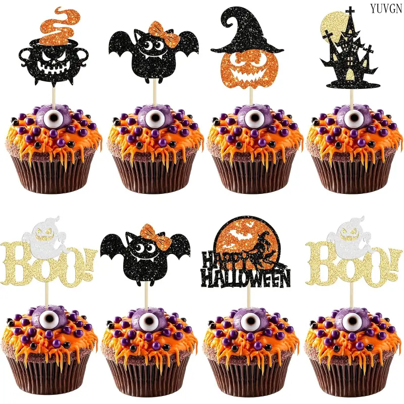 12/24pcs Happy for Halloween Cupcake Toppers Glitter for Halloween Cupcake Picks Bat Pumpkin Ghost Cupcake Decorations for Halloween Theme Baby Shower Birthday Party Cake Supplies