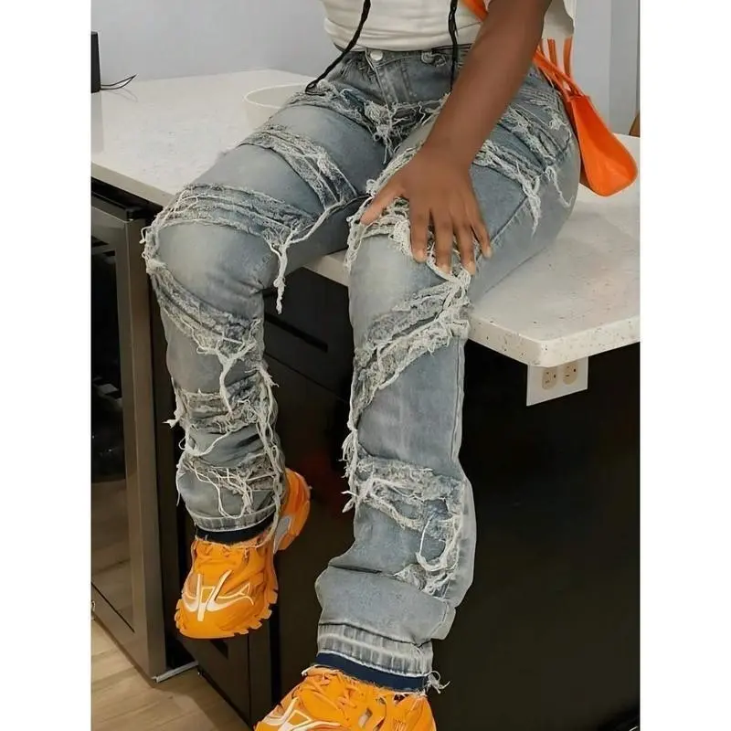 Women's Casual Jeans Y2K Streetwear 90s Slant Pockets High Stretchy Distressed Frayed Unique Tassel Hip Hop Denim Pants Vacation Festival