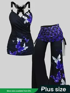 Ladies' Elegant Special Collection 2025 New Arrival Two-Piece Fashionable Slim-Fit Black Strapless Butterfly Print Top and Trousers Set Stretchy Outfit Sets Halloween Festival Party Outfit