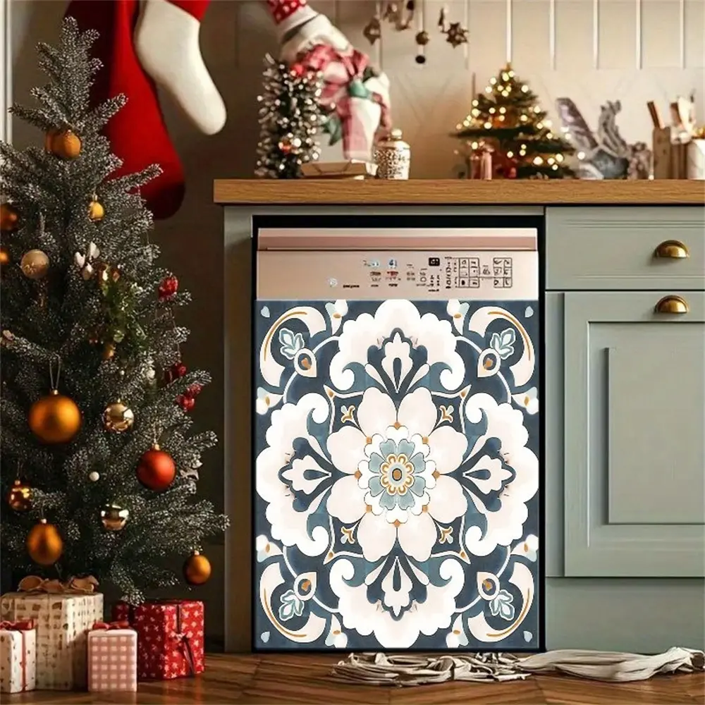 2D Flat 2Pcs Elegant Mandala Dishwasher Cover Navy Blue White Floral Pattern Victorian Style Art Decor Waterproof Kitchen Appliance Sticker Self-Adhesive Vinyl Film for Refrigerator Washing Machine Christmas Holiday Home Decoration