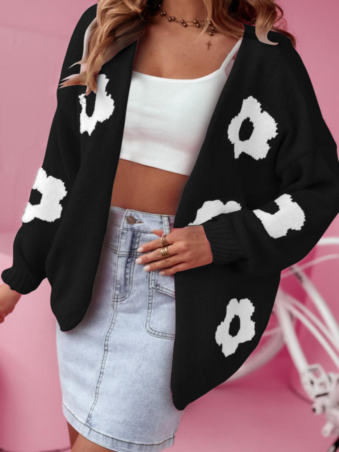 Plus Size Floral Print Drop Shoulder Cardigan, Casual Long Sleeve Open Front Knitwear for Fall & Winter, Women's Plus Clothing for Daily Wear