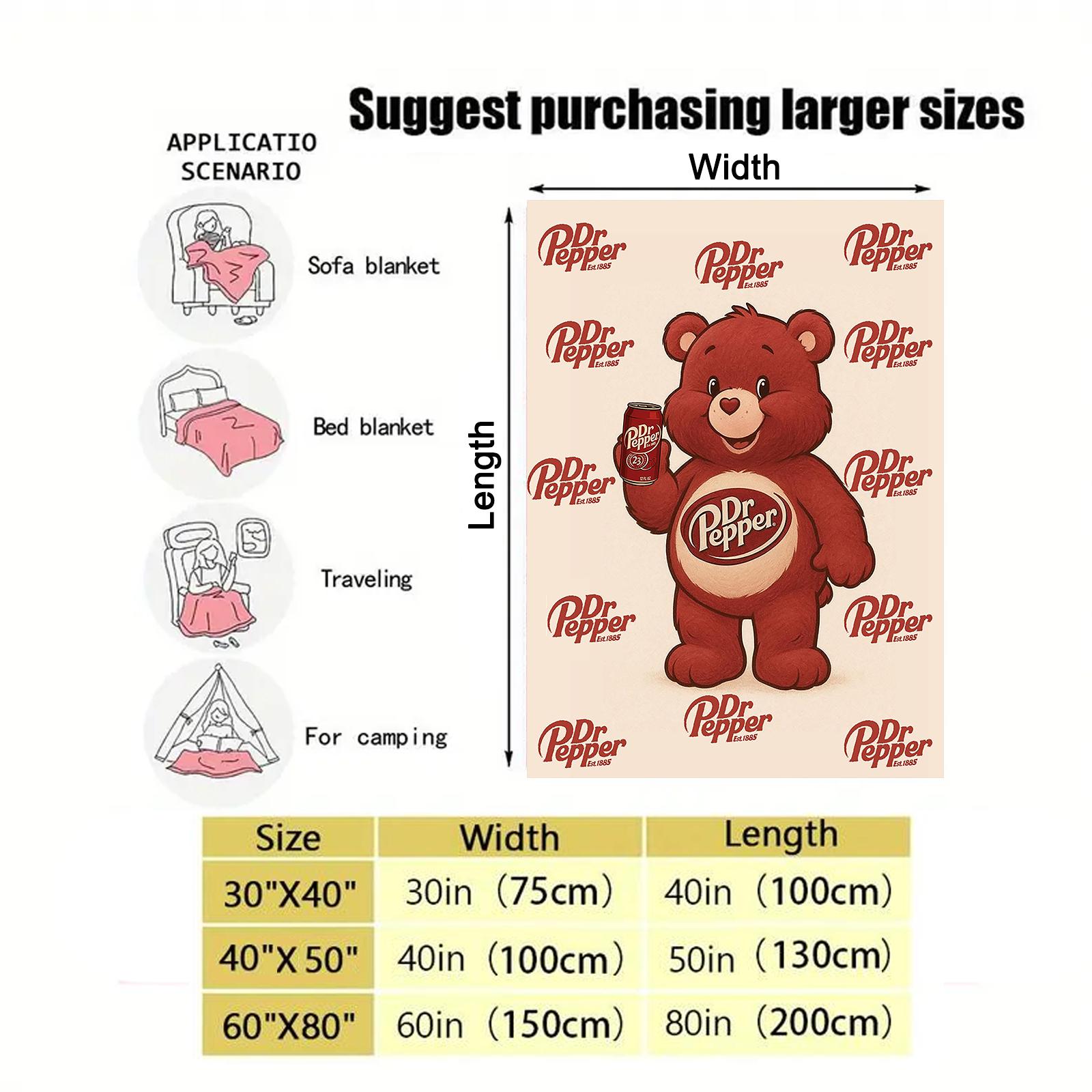 Dr Pepper Funny Bear Flannel Blanket Soft and Warm cozy blanket soft fluffy lightweight reversible fluffy blanket soft fleece blanket decorative giftable