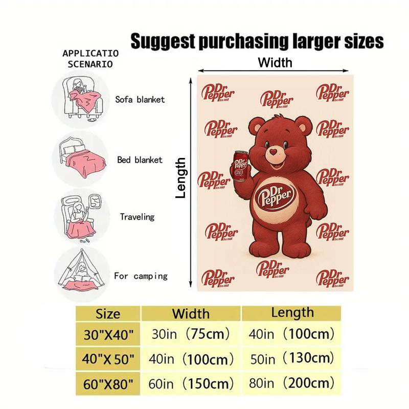 Dr Pepper Funny Bear Flannel Blanket Soft and Warm cozy blanket soft fluffy lightweight reversible fluffy blanket soft fleece blanket decorative giftable