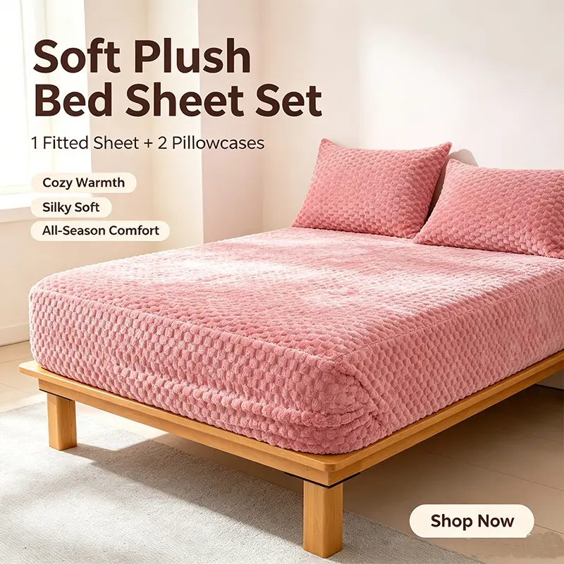 Gentle Embossed Grid Plush Fitted Sheet Set, Bedding Essentials, Ultra Soft Warm Textured Bedding With Two Pillowcases, 360 Elastic No Sliding Mattress Cover, Viral Comfort Bed Linen For Autumn And Winter Indoor Rest