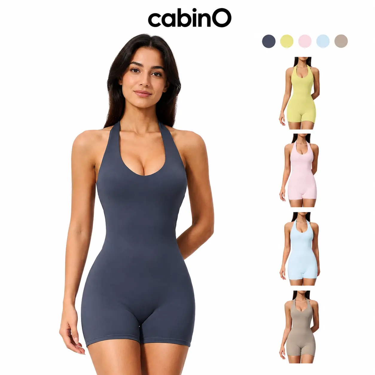 Cabino Women’s Dark Gray Seamless Halter Romper, Backless Scoop-Neck Bodycon One-Piece Workout Shorts Jumpsuit for Yoga, Running, Pilates, Gym Training and Casual Activewear