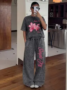 2-Piece Set: Washed Cotton Orchid-Print Top & Bottoms (Vintage American Style). Features a soft, gentle aesthetic and premium heavyweight washed cotton fabric. High-waisted, figure-flattering cut—an effortless, must-have summer set. Clothes
