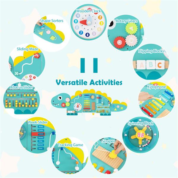 11-in-1 Dinosaur Activity Wall Busy Board Panels-- Wooden Sensory Toy-Green