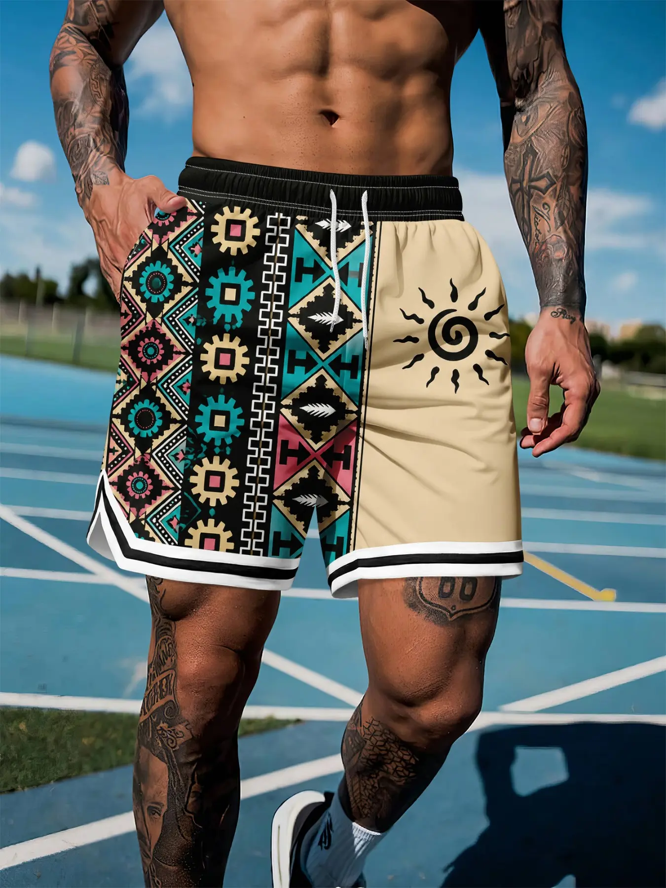 Men's Aztec Geometric Patchwork Sporty Street Shorts, Casual Drawstring Elastic Waist, Comfortable Lightweight Fabric, All-Season Wear