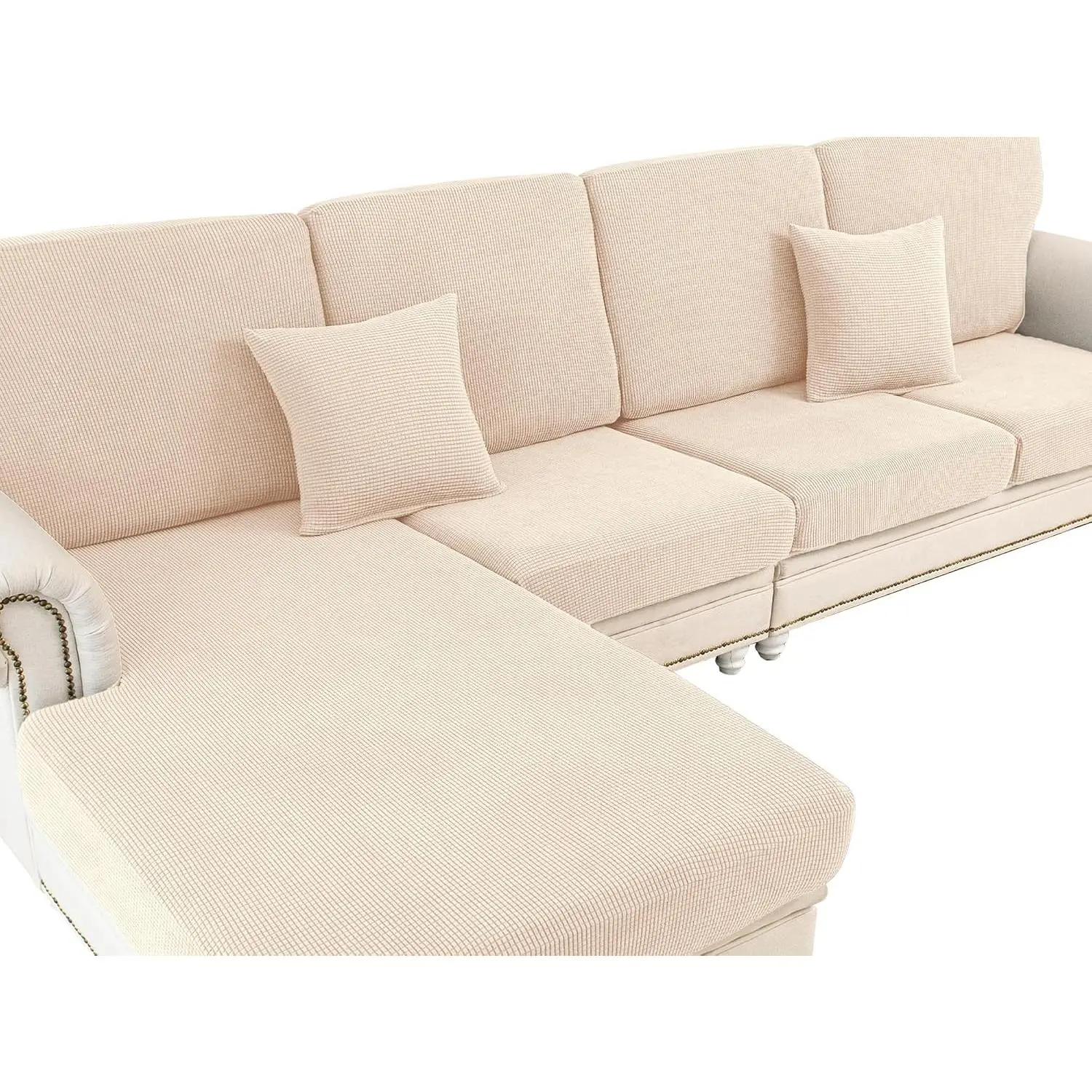 Couch Cushion Covers for Sectional Sofa L Shape Washable Separate Seat Chaise Couch Cover Stretch Sofa Slipcovers with 2 Pcs Pillowcases(3 Seater + 1 Chaise, Natural)