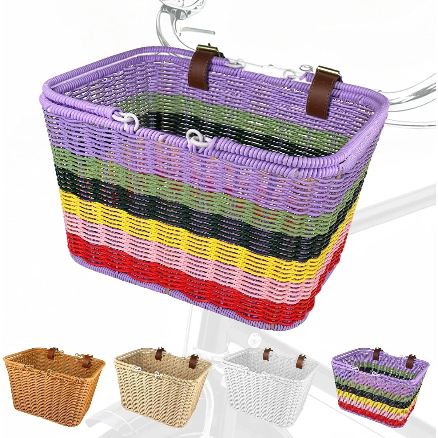 Large Hand-Woven Detachable Front Bicycle Wicker Basket with Iron Framework for Bike Front Handlebar
