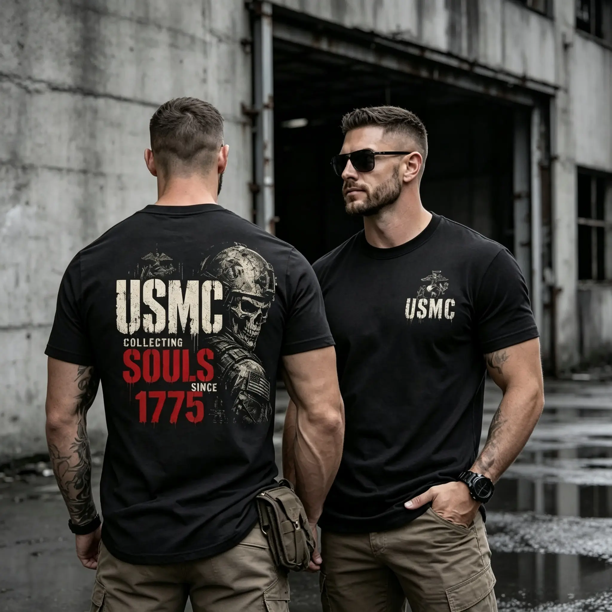 USMC Collecting Souls Since 1775 Skull Graphic T-Shirt, Retro Unisex Casual Cotton Tee, Military Vintage Print Shirt Gift For Men