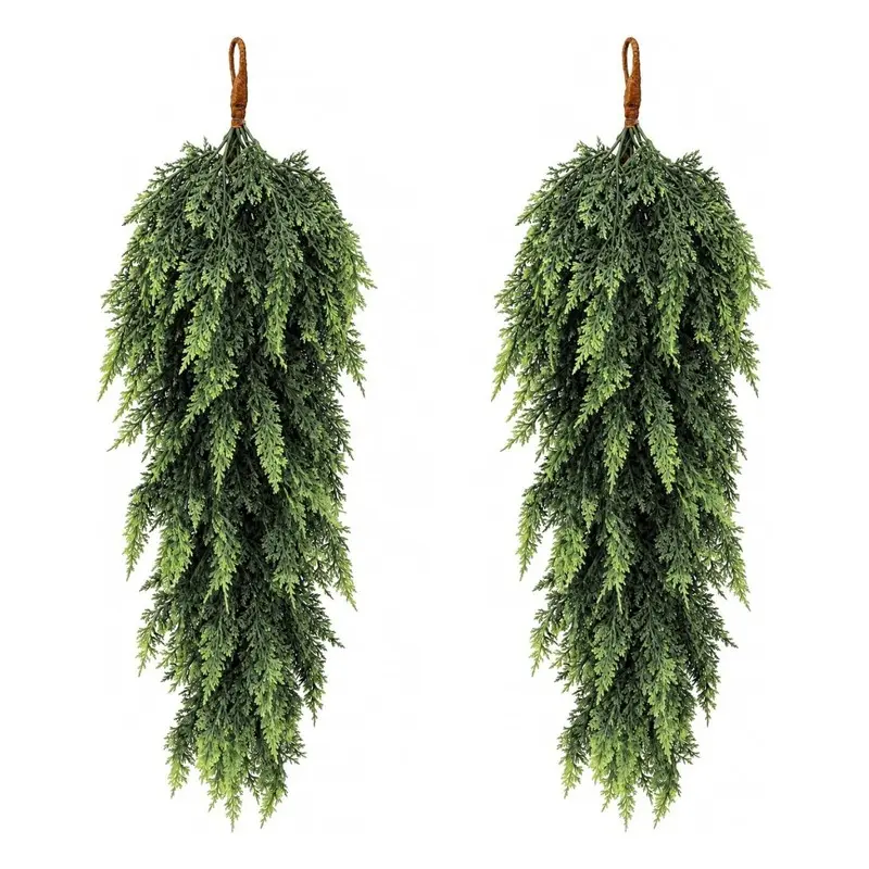 2 Pcs 32 Inch Artificial Christmas Teardrop Swag, Real Touch Christmas Faux Greenery Door Swag, Norfolk Pine Needle Teardrop Wreath for Front Door Mantle Fireplace Indoor Outdoor Decorchen