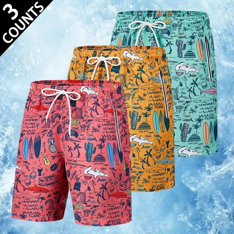 Men's 4-Pack Printed Lightweight Swimming Trunks - Quick Dry, Loose-Fit, Wrinkle-Resistant Summer Beach Shorts with Adjustable Drawstring, 4 Unique Prints, Sizes S,M,L (2-Piece Set Option Available)