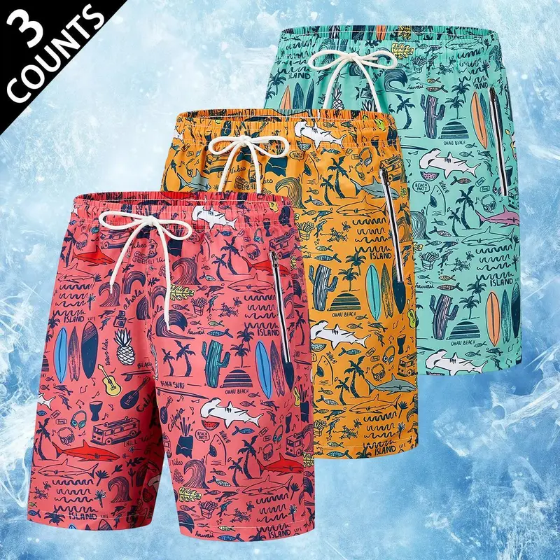 Men's 4-Pack Printed Lightweight Swimming Trunks - Quick Dry, Loose-Fit, Wrinkle-Resistant Summer Beach Shorts with Adjustable Drawstring, 4 Unique Prints, Sizes S,M,L (2-Piece Set Option Available)