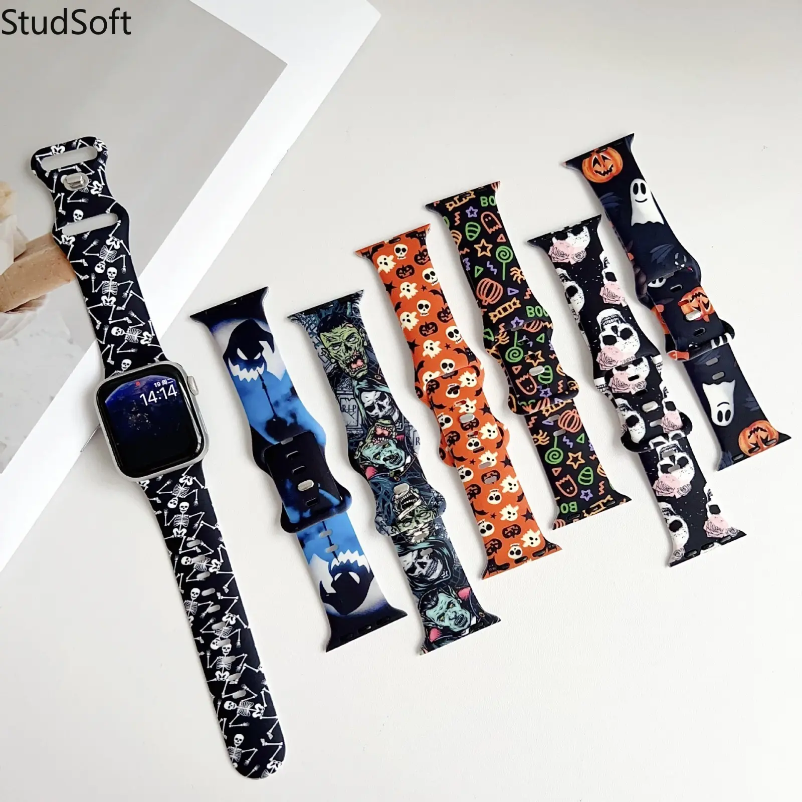 Halloween Pumpkin Watch Band for Apple Watch 38mm 40mm 41mm 42mm 44mm 45mm 49mm Women Men Spooky Ghost Skull Silicone Sport Strap iWatch Series 10 9 8 SE Ultra 2 Holiday Gift Wristband