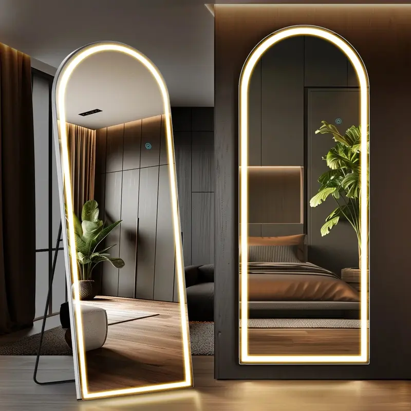 Stand Mirror Full Length with LED Lights, Floor Mirror Dimming & 3 Color Lighting, Large Mirror  for Bedroom, Glass Decorations Supplies