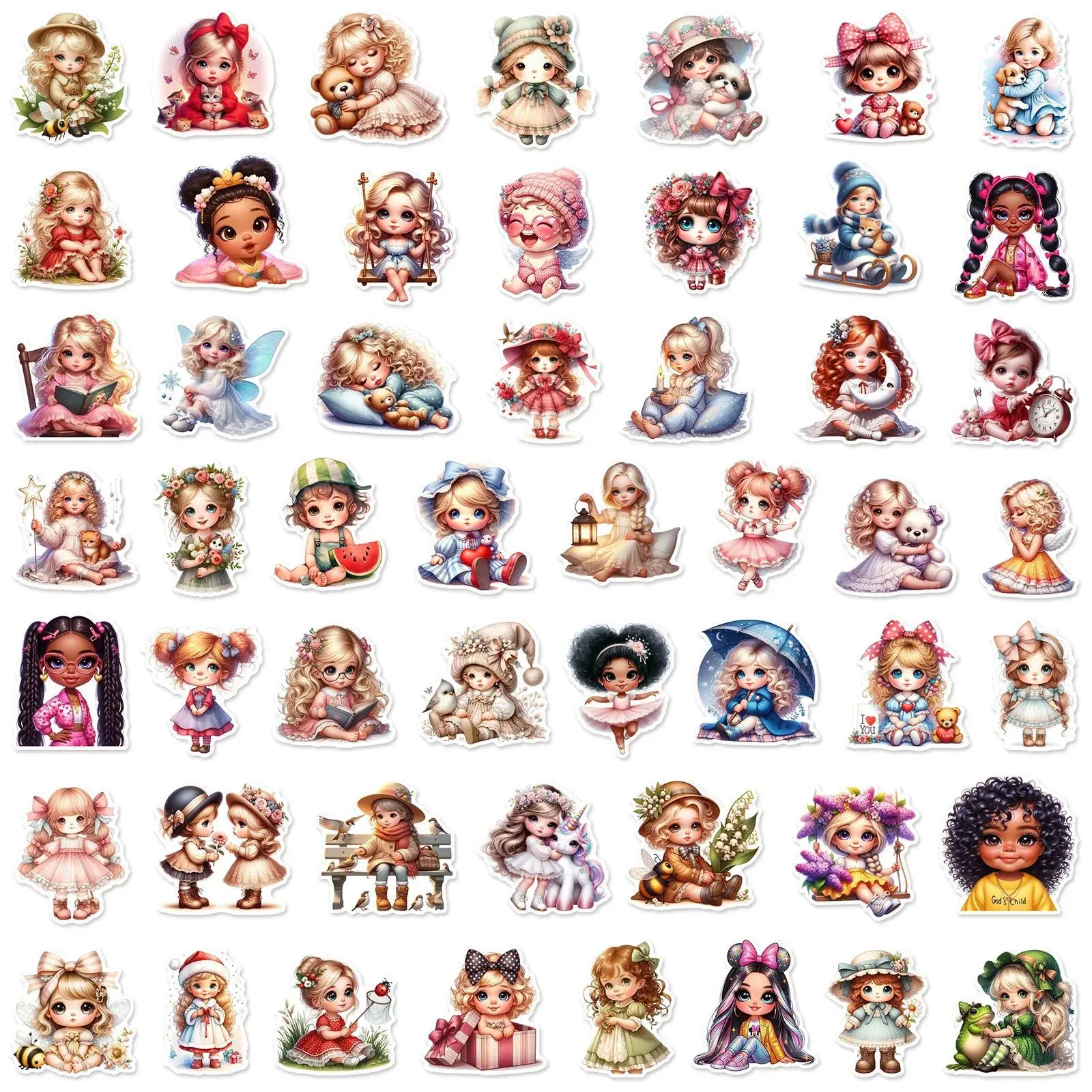 50Pcs Beautiful Cute Doll Little Girl Stickers Decoration Suitcase Scrapbooking Phone Laptop Stationery Kid's Toy Sticker