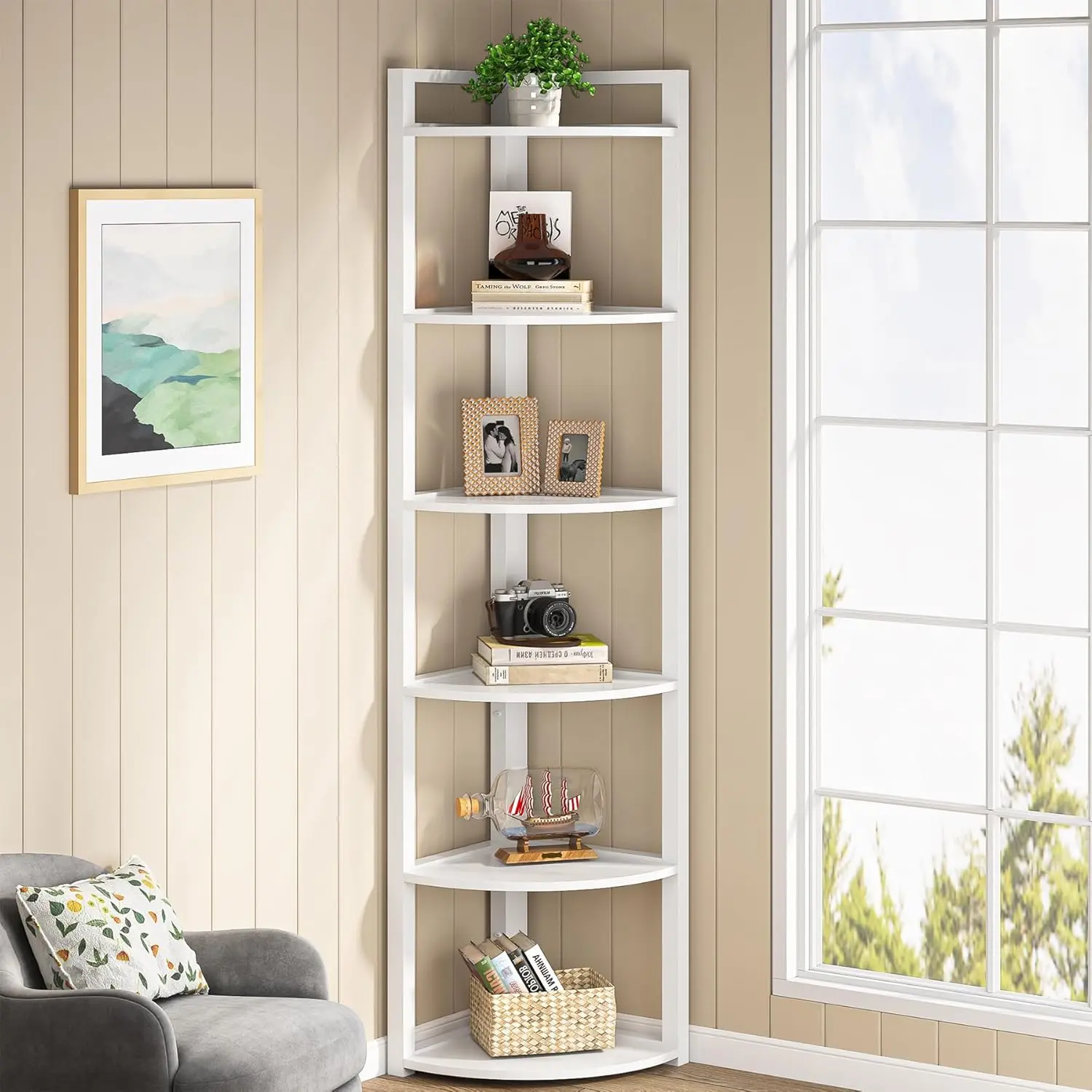 LustreC White 6-Tier Freestanding E1 Wood-Iron Corner Shelf, E1 Particle Board-Metal Build, 15.75"d x 15.75"w x 70.86"h, Durable Modern Space Saver with Adjustable Leg Pad, Organizer for Living Room, Home Office
