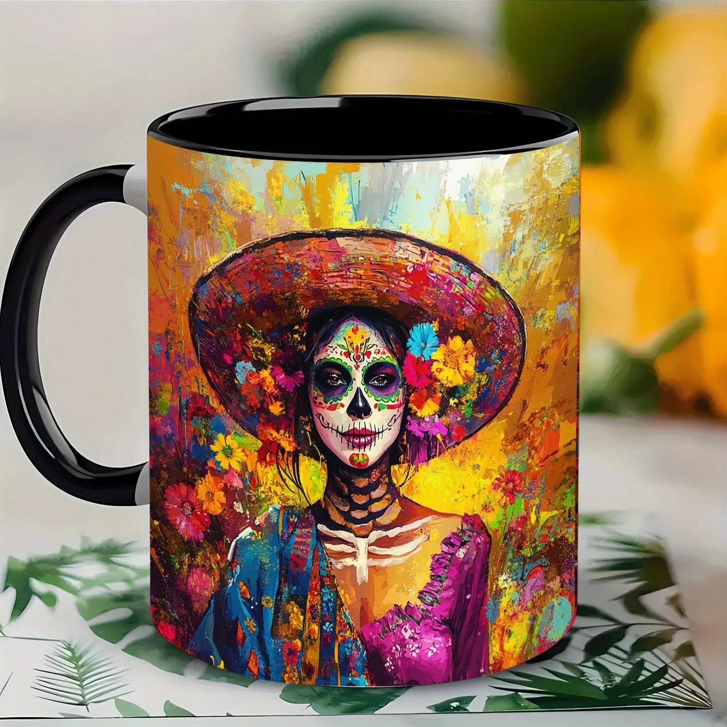 11oz Vibrant Sugar Skull Ceramic Coffee Mug - Double-Sided Floral Print, Holiday Kitchenware Drinkware Gift