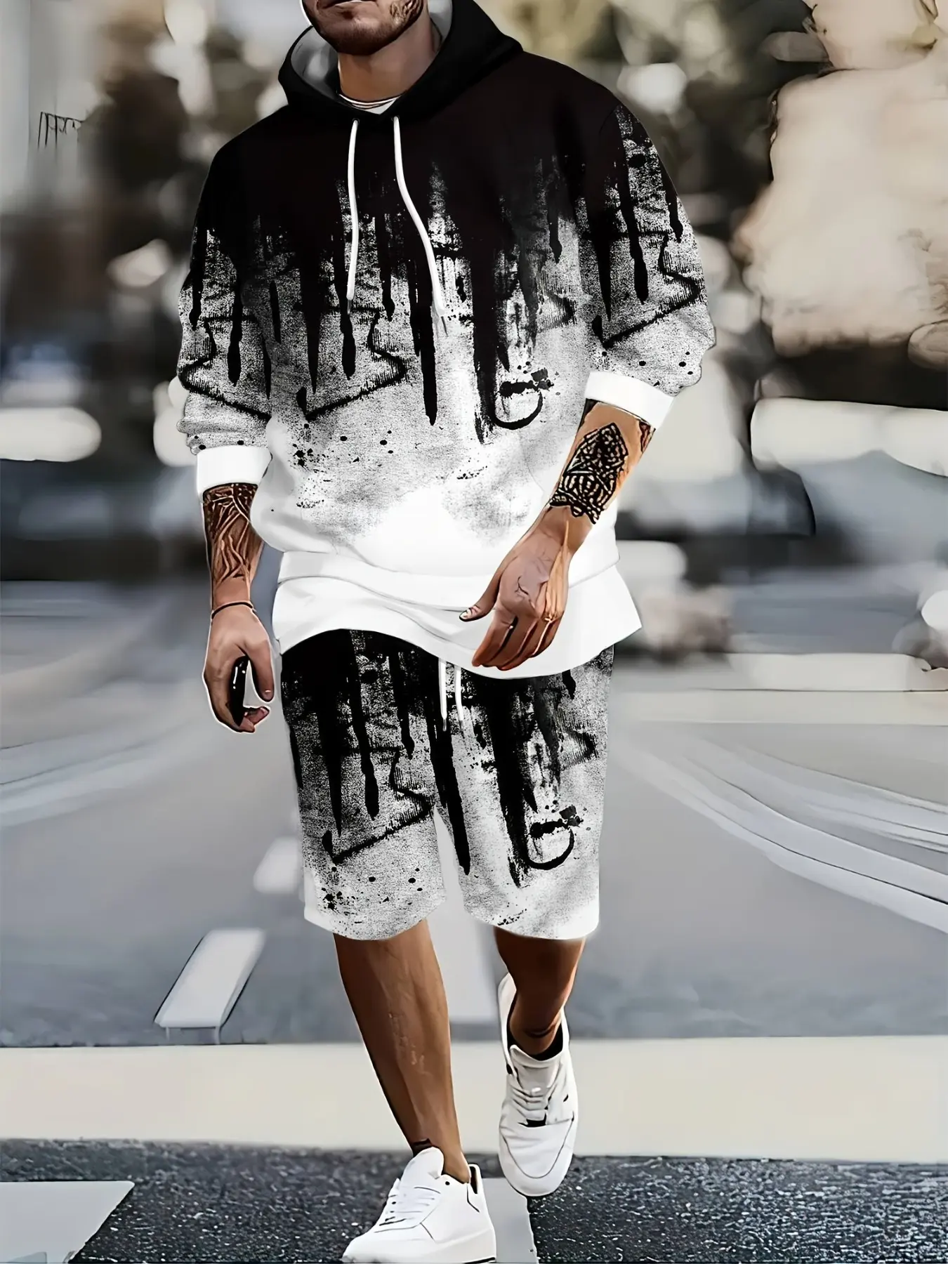 Gradient Ink Drop Hoodie and Shorts Set, Stylish Casual Wear, Perfect for Daily Use, Comfortable and Trendy