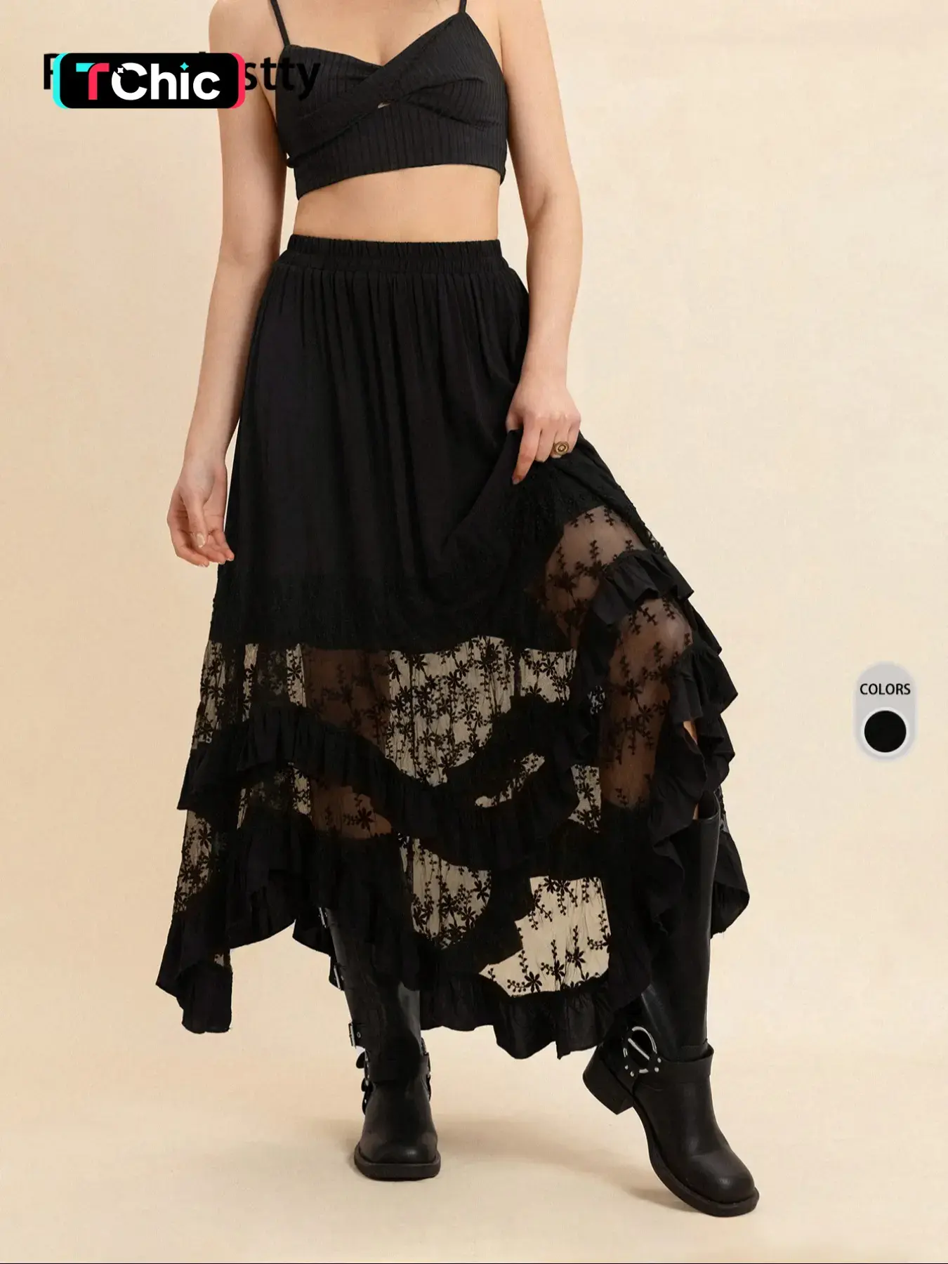 Rusttydustty Women's Black Lace Patchwork Woven Ruffled Loose Baggy Flowy Midi Bottom Skirt Elegant Aesthetic Vintage Bohemian Style Asymmetric Asymmetrical Hem boho easter beach outfits hawaii Coachella Music Festival Tropical vacation Summer
