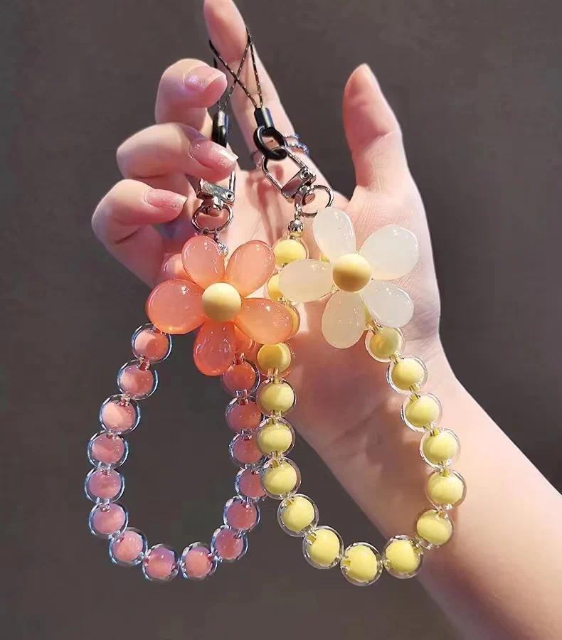 Colored bead petal Lanyard for IPhone Anti-Lost Bracelet for Samsung Mobile Phone Case Wrist Strap Car Keychain Cute Phone Charm