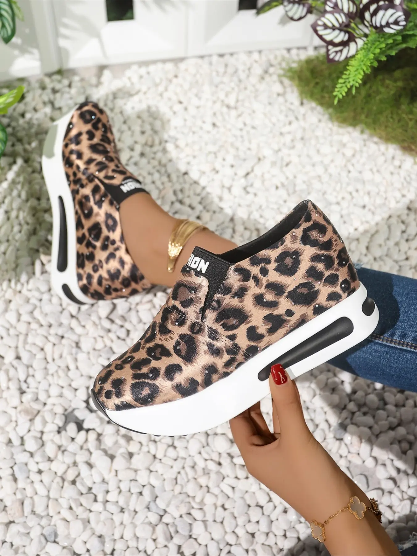 Leopard print slip-on wedge casual shoes air-cushion platform trendy slip-ons multi-color women sneakers for daily commuting