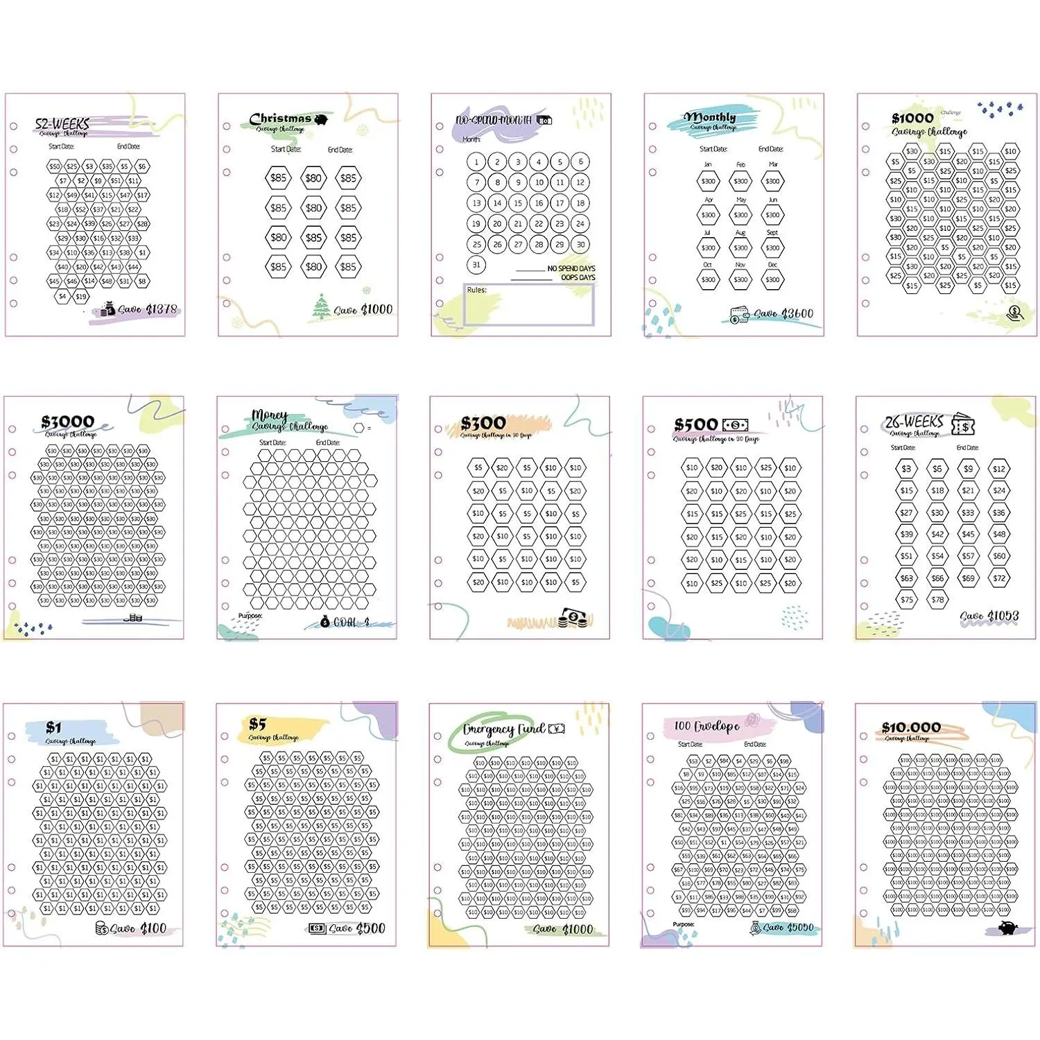 Laminated  Savings   for 6-Ring A5 Binders,  Savings  sheets,multiple budget cards for savings  planner(15pcs A5)