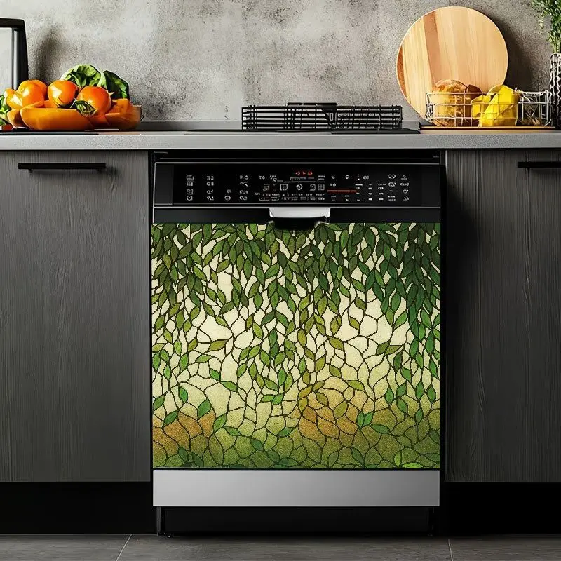 2D Flat 2Pcs Stained Glass Green Leaf Pattern Dishwasher Cover Decor, Waterproof Removable Appliance Sticker Panels, Botanical Design Decorative Film for Home Kitchen Washing Machine Cabinet Fridge Door, Art, Holiday, Front