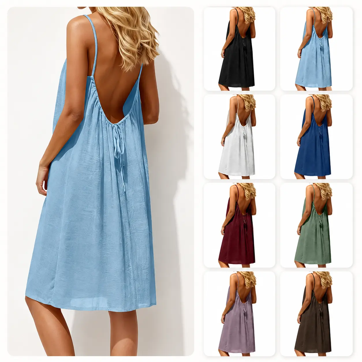 Women's Backless Cami Lounge Dress, Sleeveless Loose Fit Summer Sundress, Knee-Length Spaghetti Strap Dress for Sleepwear, Beach, Vacation & Casual Wear
