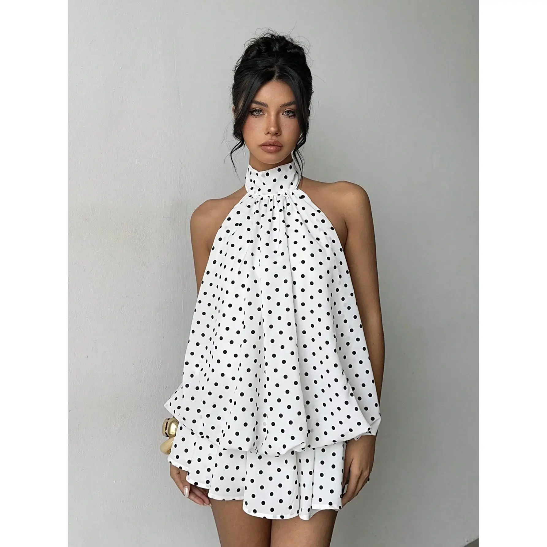YesFashion Women's Polka Dot Halter Neck Sleeveless Backless A-Line Mini Dress - Lightweight Polyester with Irregular Hem, for Vacation, Party & Everyday Wear