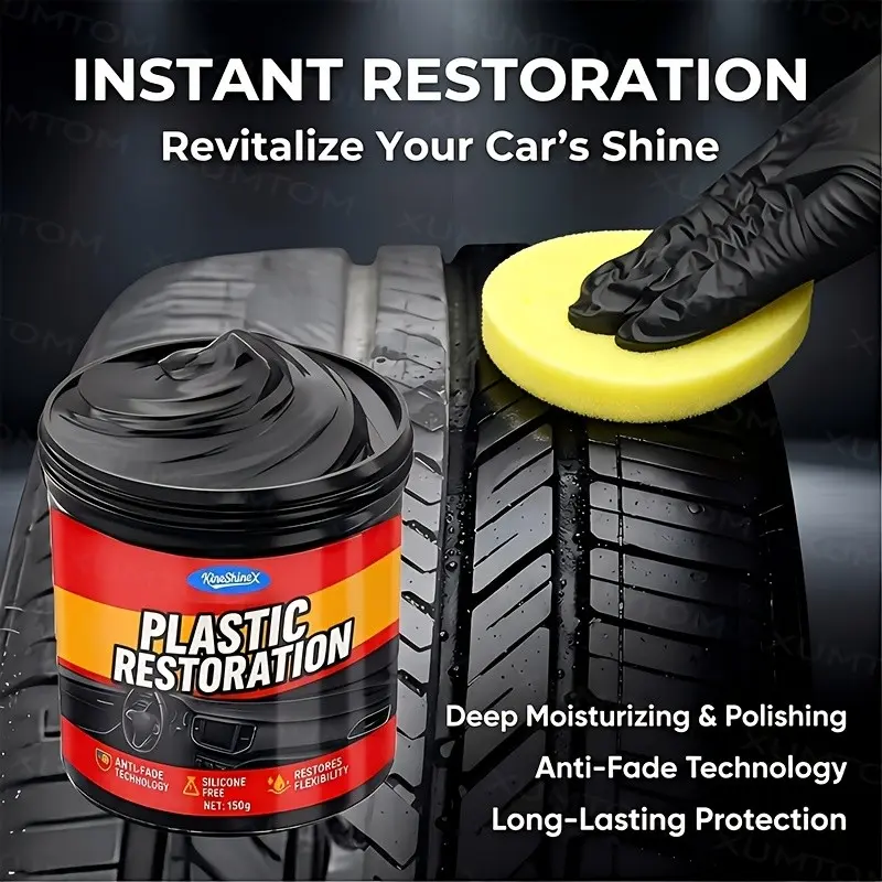Tire & Interior Polishing Paste 5.07oz With Yellow Sponge, Restores Rubber, Plastic & Vinyl, Removes Scratches & Fading, Long-Lasting Gloss For Dash, Seats & Bumpers, Auto Detailing Cream. Ideal Gift For Mother'S Day, Father'S Day, Graduation