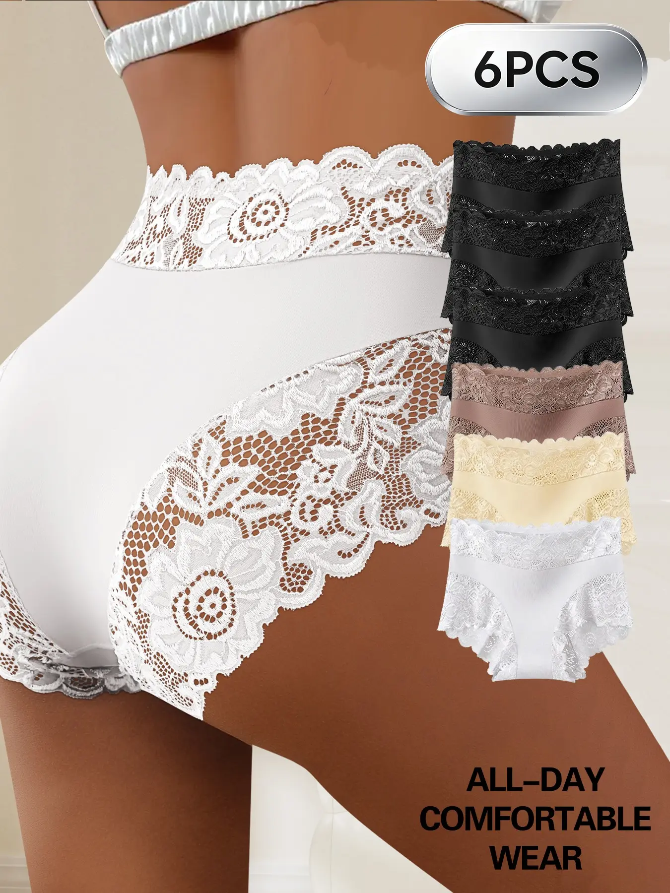 6pcs Comfortable High-Waisted Women's Briefs, High Waist Underwear, Soft Elegant Lace Triangle Panties, Daily Confidence and Slimming Fit, Invisible Under Jeans
