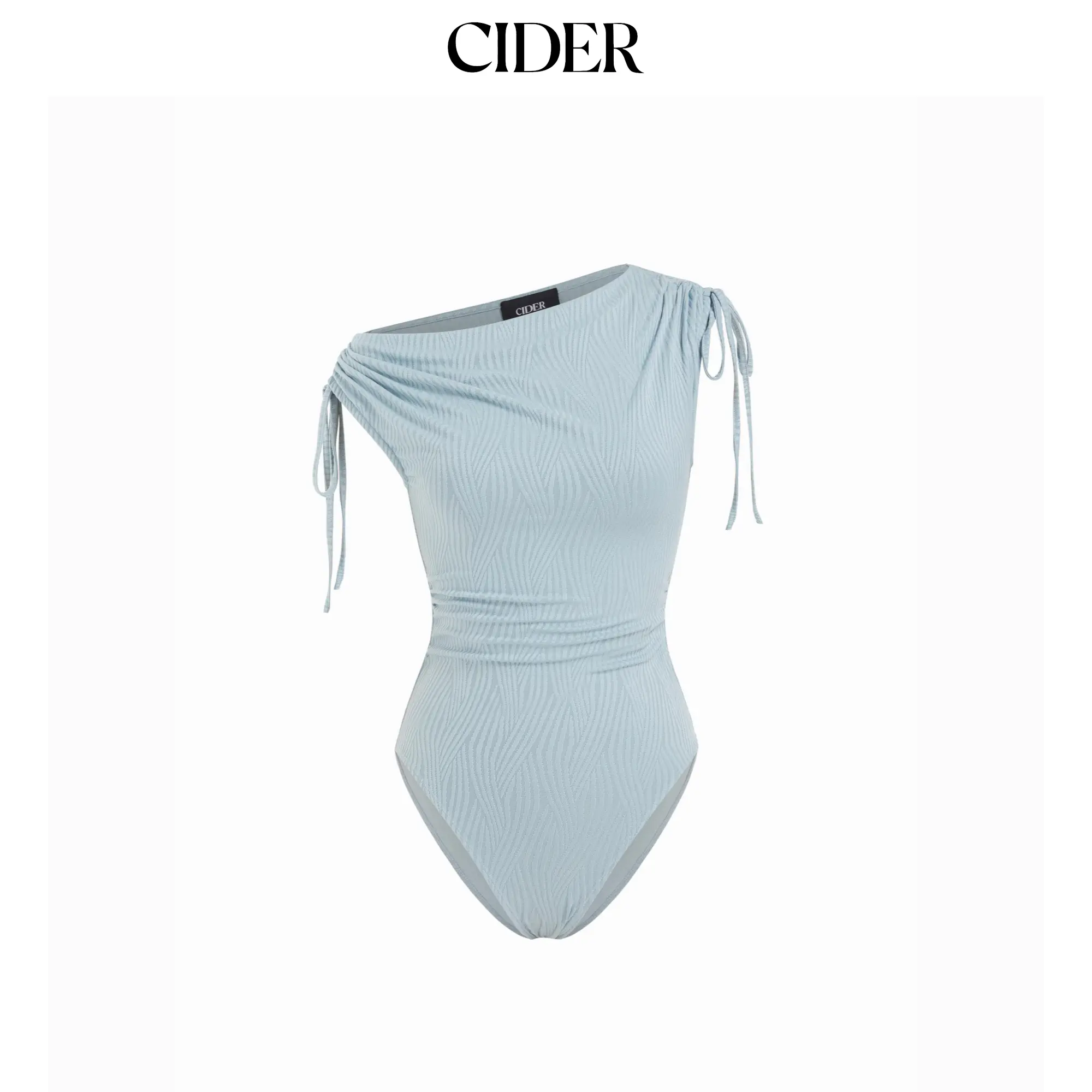 Cider Textured Cowl Neck Drawstring Ruched Sleeveless Bodysuit Minimalist Light Blue