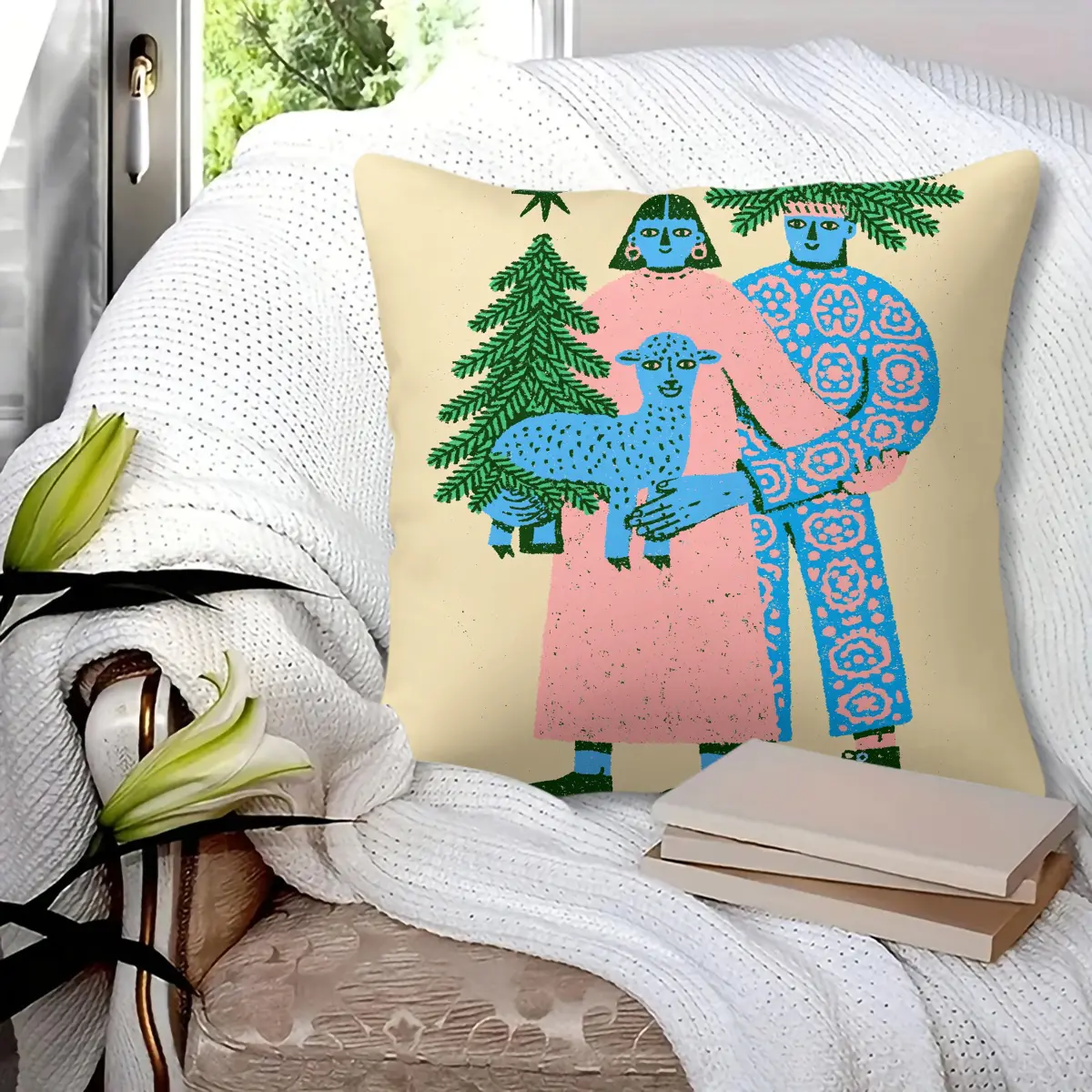 45x45cm 1Pc, Vintage Folk Art Christmas Decorative Cushion, Soft Fluffy Durable Pillow with Couple, Lamb & Christmas Pine Tree Print, Perfect for Sofa, Couch, Bedroom, Living Room Decor, Great Small Holiday Gift, includes filling
