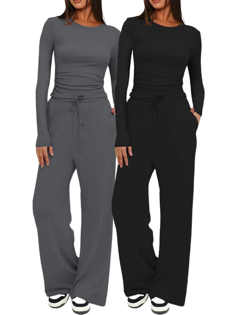 Two-piece Set Women's Solid Ruched Tee & Drawstring Pocket Pants Lounge Set, Casual Long Sleeve T-shirt & Elastic Waist Trousers, Ladies Sleepwear for All Seasons Loungewear