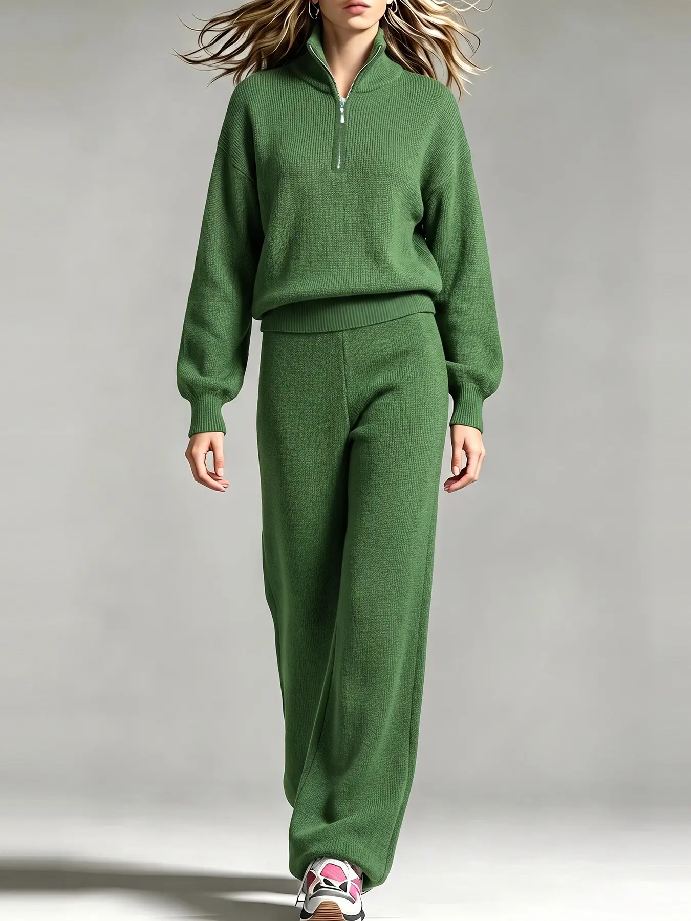 Women's Casual Half-Zip Stand Collar Knit Two-Piece Set, High-Waisted Wide-Leg Pants, Fall & Winter Warm, Daily Commute Wear