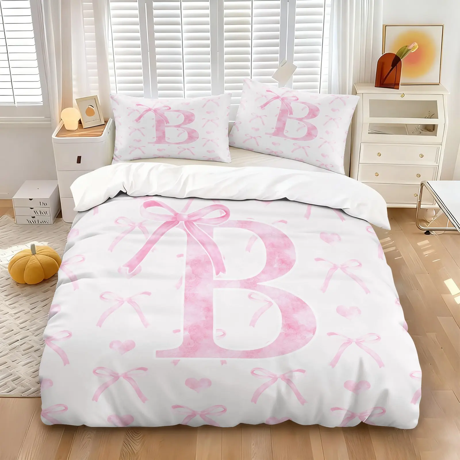 Custom Letter B Watercolor Bow Bedding Set, 1 Duvet Cover + 1/2 Pillowcases, Pink Heart Ribbon Printed Zipper Duvet Cover. Unique Monogram Design, Soft Cozy Bedding, Great Decor & Gift For Her