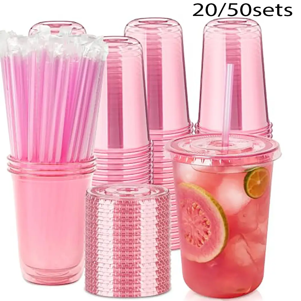 20/50Sets 16oz Plastic Party Cups with Lids and Straws, Disposable Ice Coffee Cups, Round Bottom Drinking Cups for Parties