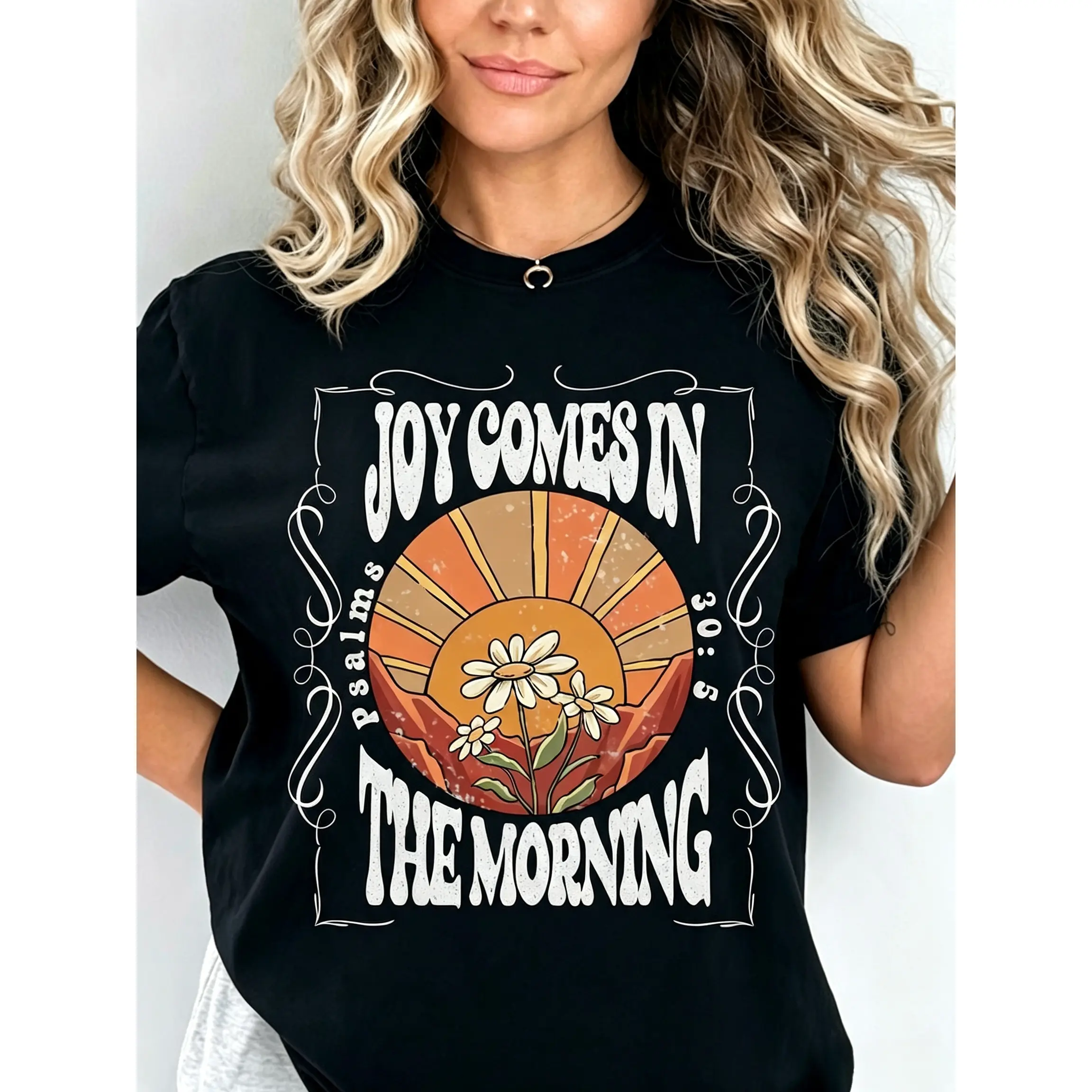 A Vintage Design Showcasing The Phrase 'Joy Comes in The Morning', Adorned with Sunrise And Floral Motifs.Additionally, The Book Features 'Poetry Letter Designs, Trendy Plus-Size Short-Sleeve T-Shirts,tshirts women,summer graphic tees