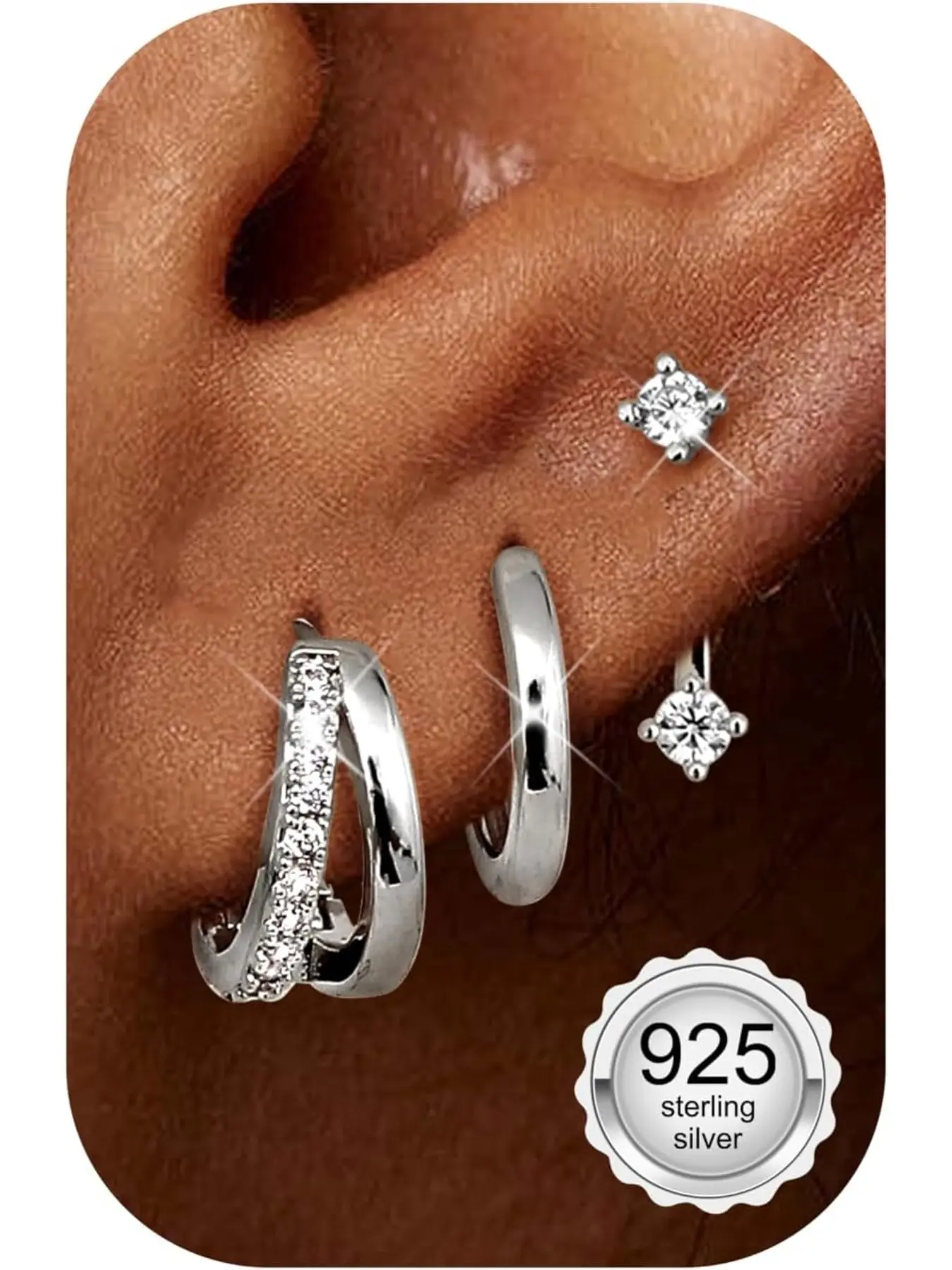 3 Pairs of Earrings Silver 925 for Women Hoop Earrings Silver Gold Stud Earrings Silver 925 Hypoallergenic Earrings Small Hoop Earrings Huggie Piercing Ear Gold Silver Earrings Jewellery Gold Earring Sets