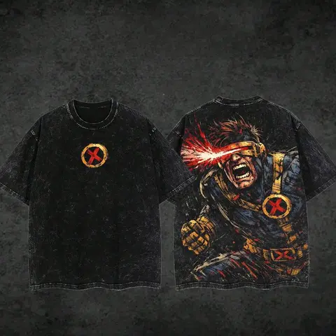 Men's Cotton Soft Retro Casual Round Neck Graphic T-Shirt - Unisex Oversized Loose Short-Sleeve Streetwear Aesthetic Vintage Washed Black, Double-Sided Laser Eye Super Fighter Comic Print, Breathable for Outdoor Daily Wear