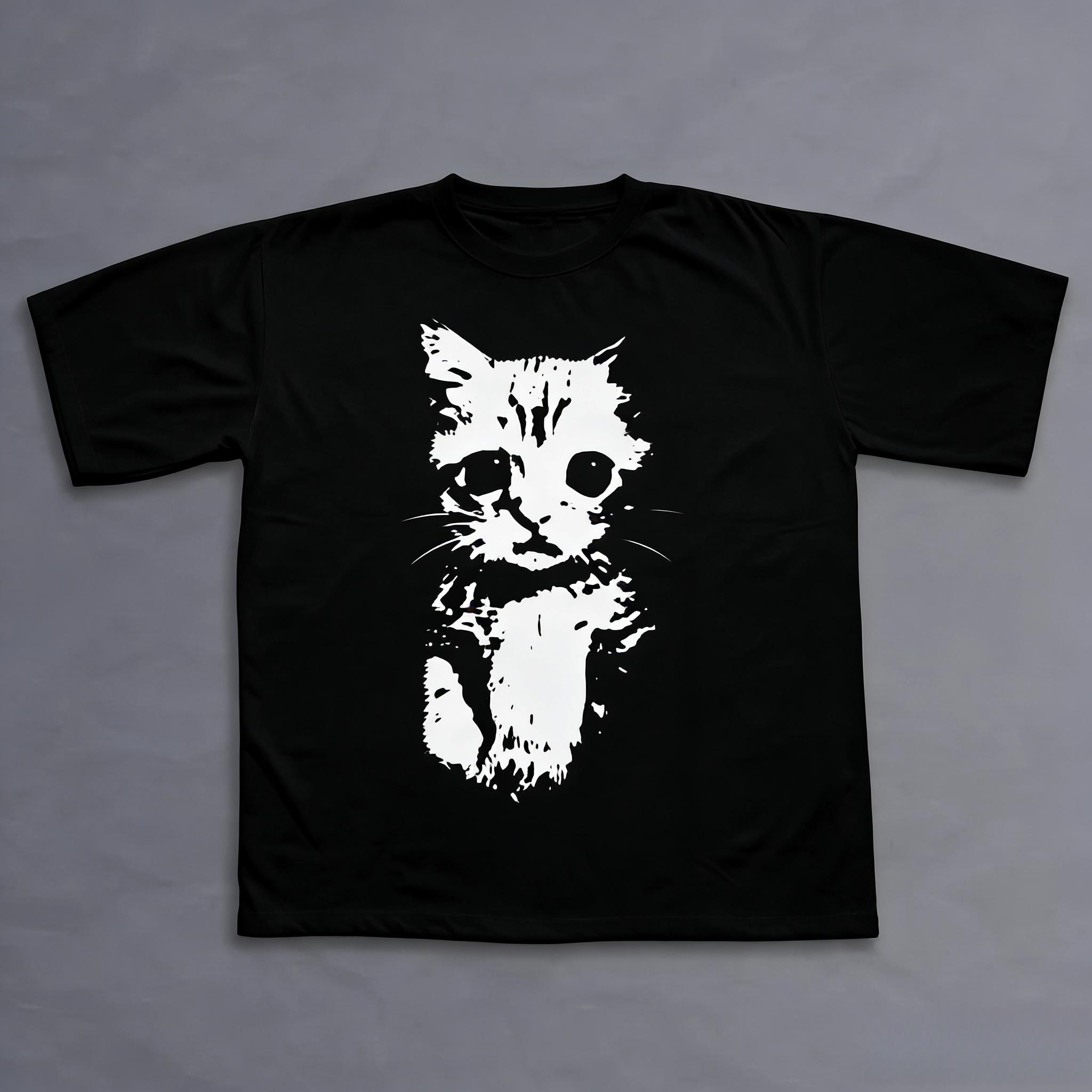 Cat pattern Y2K T-shirt, unisex vintage pattern T-shirt, gothic style Y2K emo scene Amity Affliction style clothing, unisex streetwear